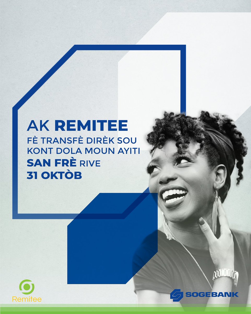 SogebankHT's tweet photo. Moun Chili ak Ajantin, itilize aplikasyon mobil Remitee @remiteelatino pou fè transfè pou pwòch ou Ayiti, san frè rive 31 Oktòb
Moun kap voye transfè a ap peye taks pou edikasyon an ak frè SPIH si yap voye l sou yon kont nan yon lòt bank
#transfèdirèksoukont #Remitee #sogebank https://t.co/FJERYFTpVh