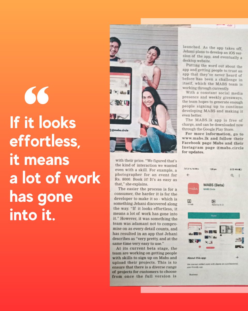 mabspace_lk's tweet photo. We were feeling a bit reminiscent and thought we'd share a Sunday Times news paper article written about mabspace when we first put out our beta stage app.

We're beyond thankful to see our users grow every day!

#WhyNotBeMore #mabspace #expert #freelancers #hobbyists #lka #lk https://t.co/UpQ9HxuscI