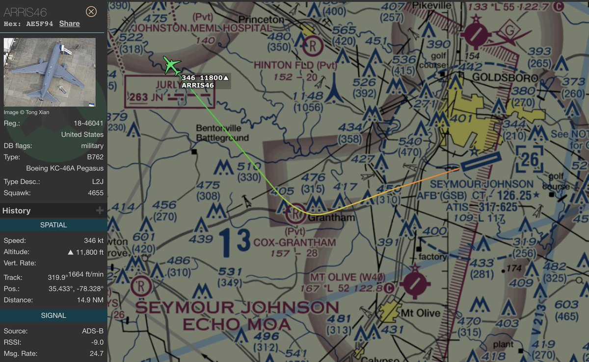 thenewarea51's tweet photo. ARRIS46 (Boeing KC-46 Edwards AFB) climbing out of Seymour Johnson AFB - KGSB this morning. I used the excellent Apple Watch app by @plane_watcher to know where to look in the sky. #NikonP1000 https://t.co/iXu8ophJvd