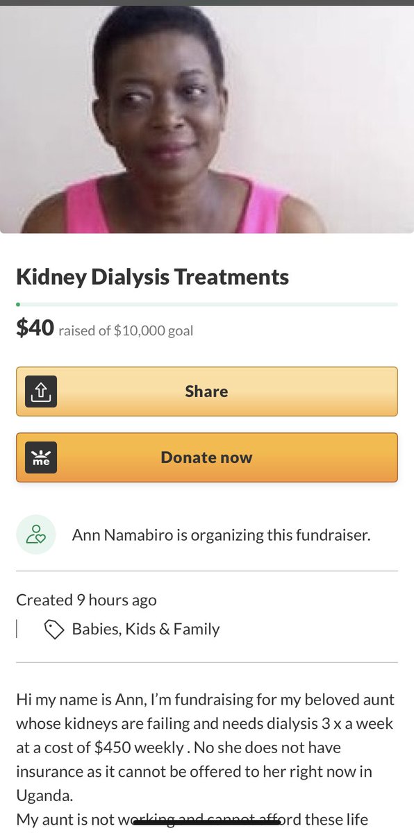 My aunt is in need of dialysis and my family is trying to raise money for her treatment in Uganda, if you could donate or repost/share this, it would be a really great help for my family thank you and God Bless you ❤️🙏🏾 gofundme.com/f/cdt4q-kidney…
