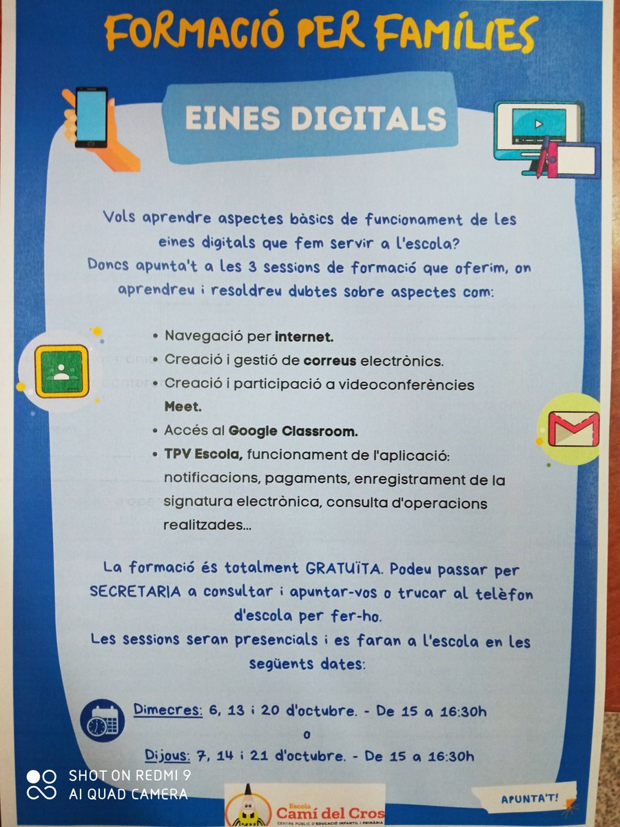Hola famílies! Us oferim una formació oberta per adults a tota la comunitat: pares, mares, tiets, tietes, avís, àvies, etc. Tothom pot venir. És gratuïta!
Passeu per secretaria i apunteu-vos!