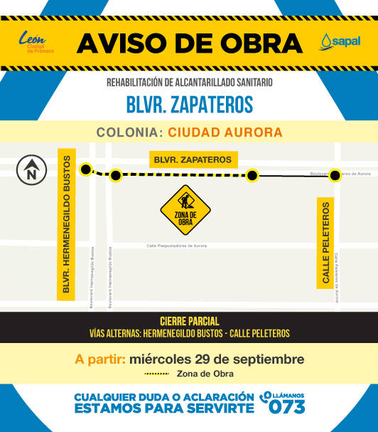 Sapalleon's tweet photo. #AvisoVial🚧👷🏼 #ContigoYPorTi comenzamos con la Rehabilitación del Alcantarillado del bulevar Zapateros en la colonia Ciudad Aurora.
Intervenimos el tramo que va de Hermenegildo Bustos a Peleteros.
Conduce con precaución y utiliza vías alternas.
#EnSapalTrabajamosPorTi https://t.co/dlTwXoxRw7