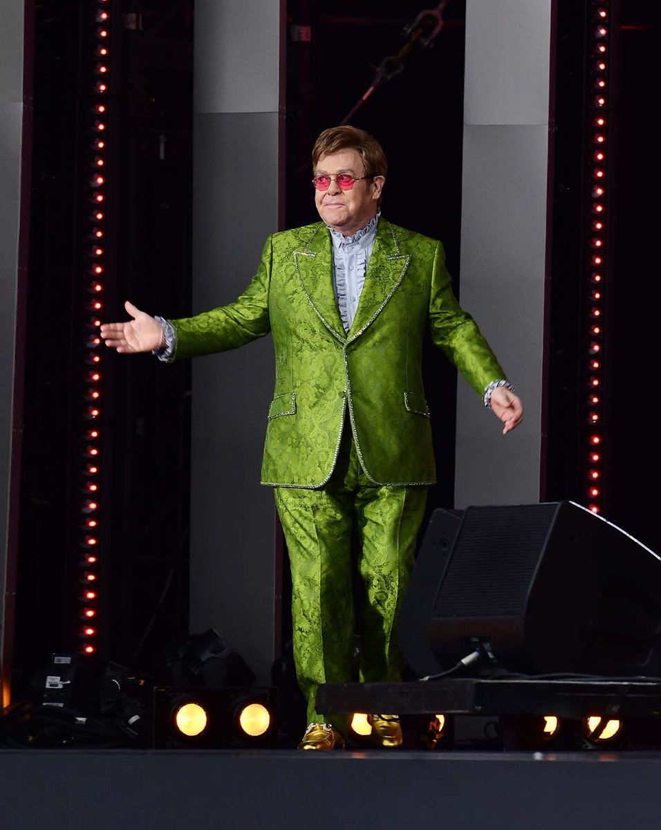 Sir <a href="/eltonofficial/">Elton John</a> in custom #Gucci at the #GlobalCitizenLive concert in Paris. Designed by Alessandro Michele his look featured a jacquard suit with crystal trim, silk GG shirt with ruffle detail and leather loafers with Horsebit detail. @glblctzn #AlessandroMichele #EltonJohn
