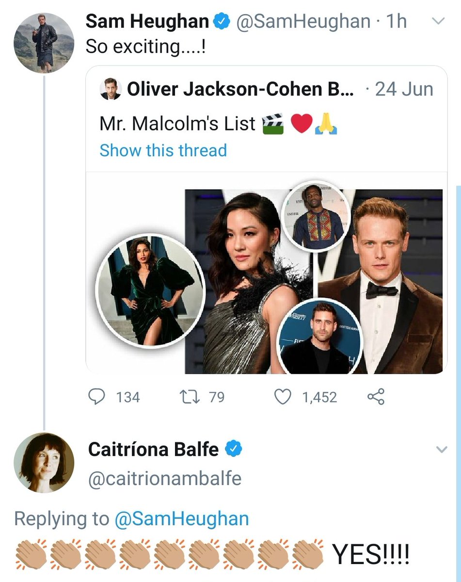 TinyTunney's tweet photo. Caitriona Balfe + Sam Heughan being super excited over each other's announcements of non-Outlander filming projects is 10000000% MY JAM 🥰🥰🥰🥰🥰

#SupportiveGoobers https://t.co/XWw2eDamaM