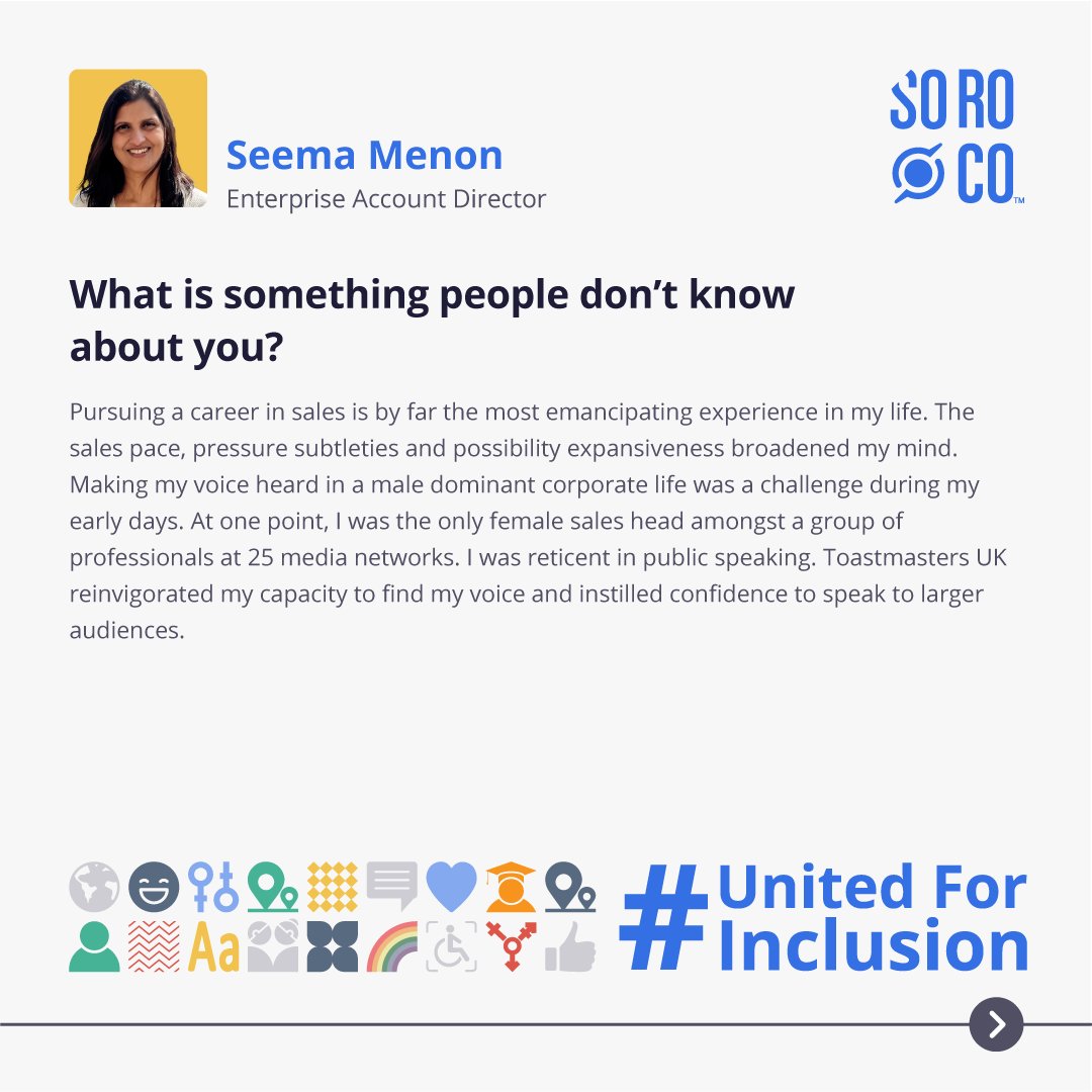 SorocoGlobal's tweet photo. At Soroco, we value each other’s differences and encourage team members to bring their true selves to work. We're celebrating #NationalInclusionWeek2021 by sharing stories from some of our team members. Stay tuned for more!
#DiversityandInclusion #UnifiedForInclusion #IAmSoroco https://t.co/WDSrEYg2x4