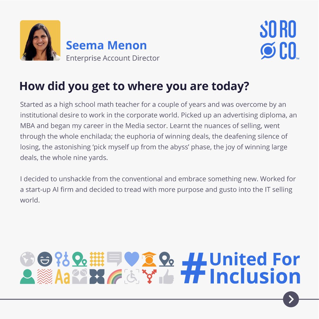 SorocoGlobal's tweet photo. At Soroco, we value each other’s differences and encourage team members to bring their true selves to work. We're celebrating #NationalInclusionWeek2021 by sharing stories from some of our team members. Stay tuned for more!
#DiversityandInclusion #UnifiedForInclusion #IAmSoroco https://t.co/WDSrEYg2x4