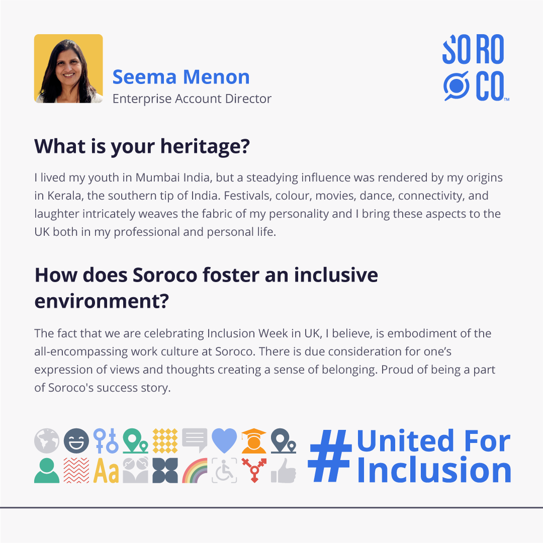 SorocoGlobal's tweet photo. At Soroco, we value each other’s differences and encourage team members to bring their true selves to work. We're celebrating #NationalInclusionWeek2021 by sharing stories from some of our team members. Stay tuned for more!
#DiversityandInclusion #UnifiedForInclusion #IAmSoroco https://t.co/WDSrEYg2x4