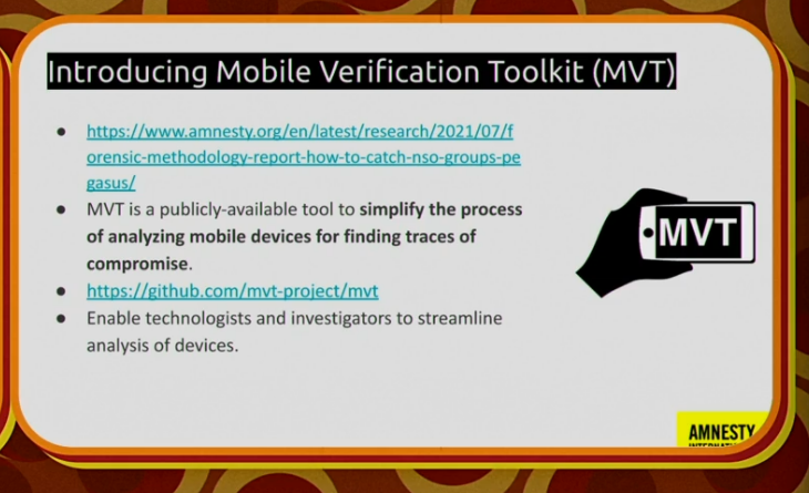kaspersky's tweet photo. Here is the Github link that @botherder discussed at #TheSAS2021 for the Mobile Verification Toolkit #securitywithoutborders https://t.co/ztYdB2W3IO https://t.co/3BGIXbX59P