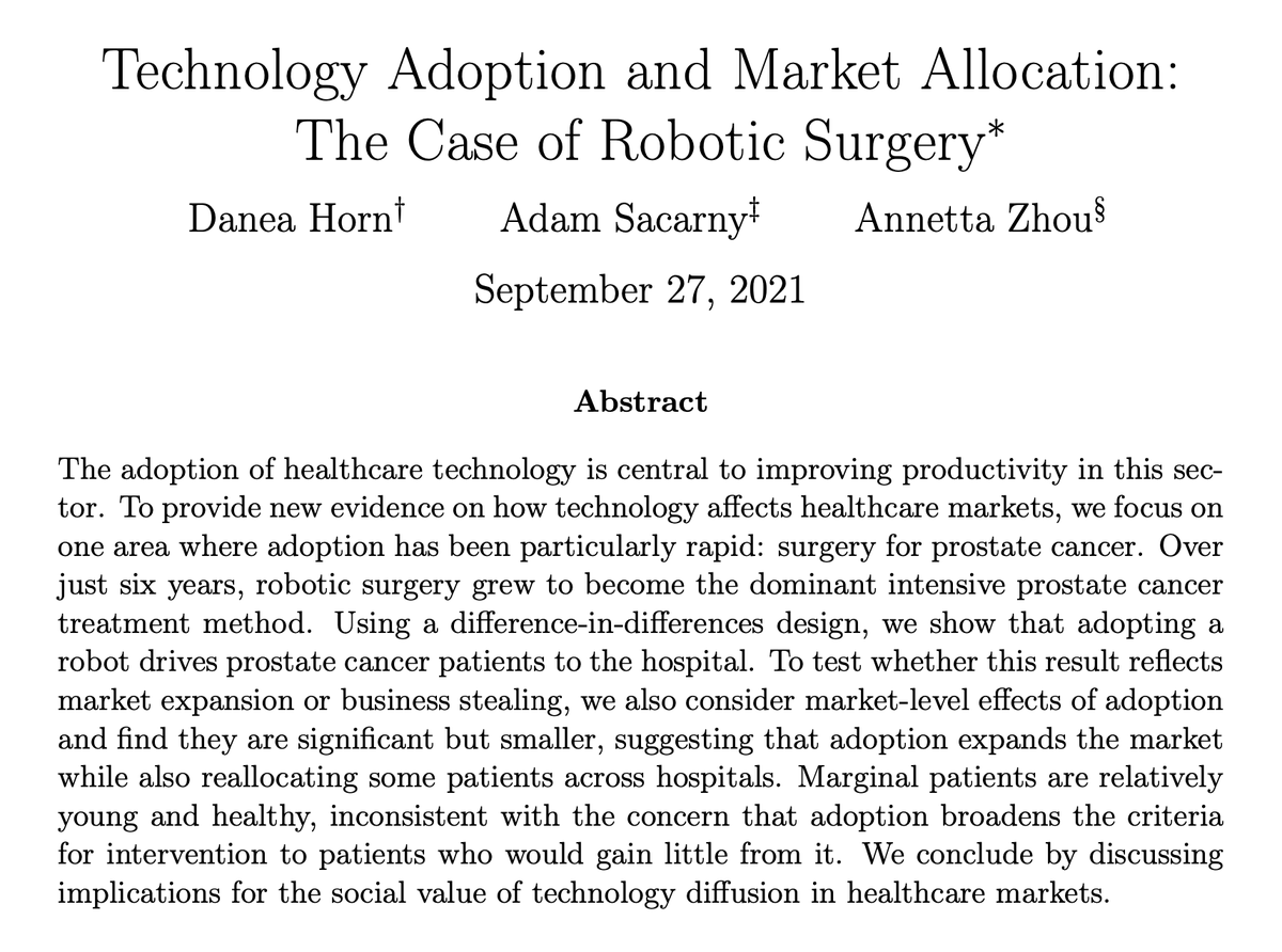 asacarny's tweet photo. In a new @nberpubs w/ @daneahorn &amp; @AnnettaZhou, we show adopting robotic surgery drives lots of prostate cancer patients to hospitals. It expands the market, bringing new patients into treatment while also “stealing” patients from other hospitals.
https://t.co/3tjNURLo6x
🧵🧶! https://t.co/rQ9AZonz5h