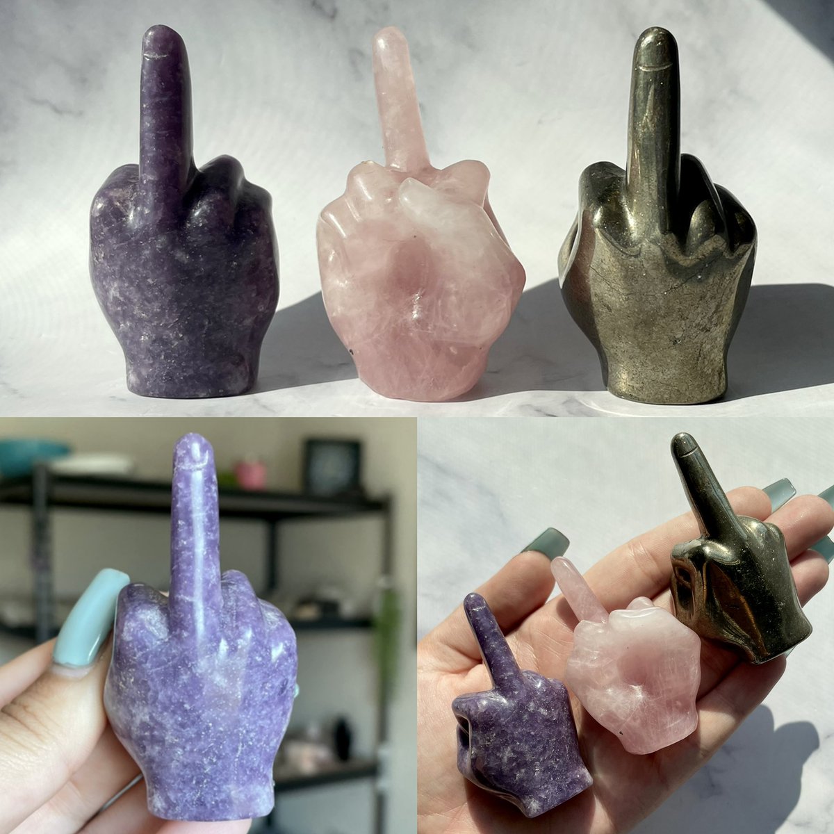 mysticmtncrys's tweet photo. 💜🖕🏼 Crystal Middle Fingers 🖕🏼💜

Lepidolite, Rose Quartz, &amp; Pyrite ✨ https://t.co/zhKXLiyBb5