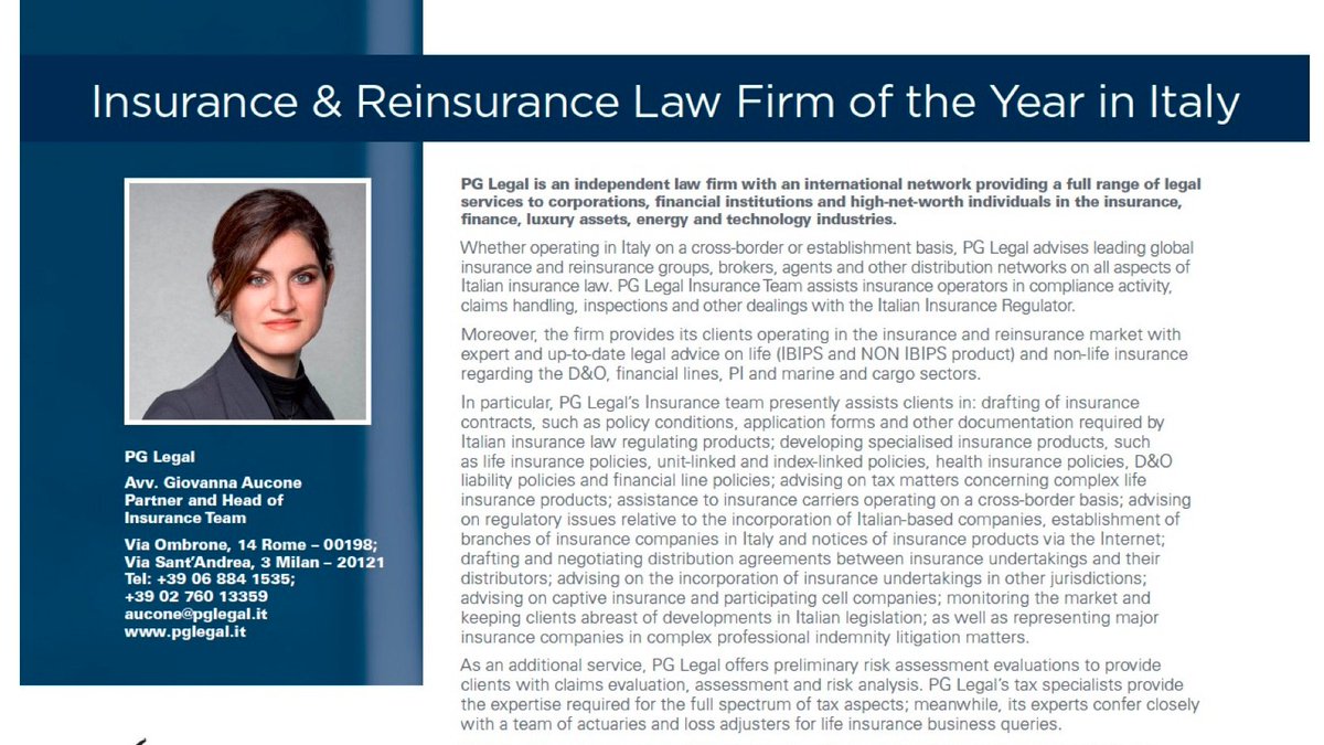 PG_Legal's tweet photo. [AWARDS] We are pleased to announce that @PG_Legal  represented by Avv.Giovanna Aucone, partner and head of the Insurance Team, has been awarded as the best #Insurance and #Reinsurance Law Firm of 2021 in Italy by the @TLN_News  
 #bestlawfirm #bestlawyer #firmoftheyear https://t.co/0QBsa0ckwU