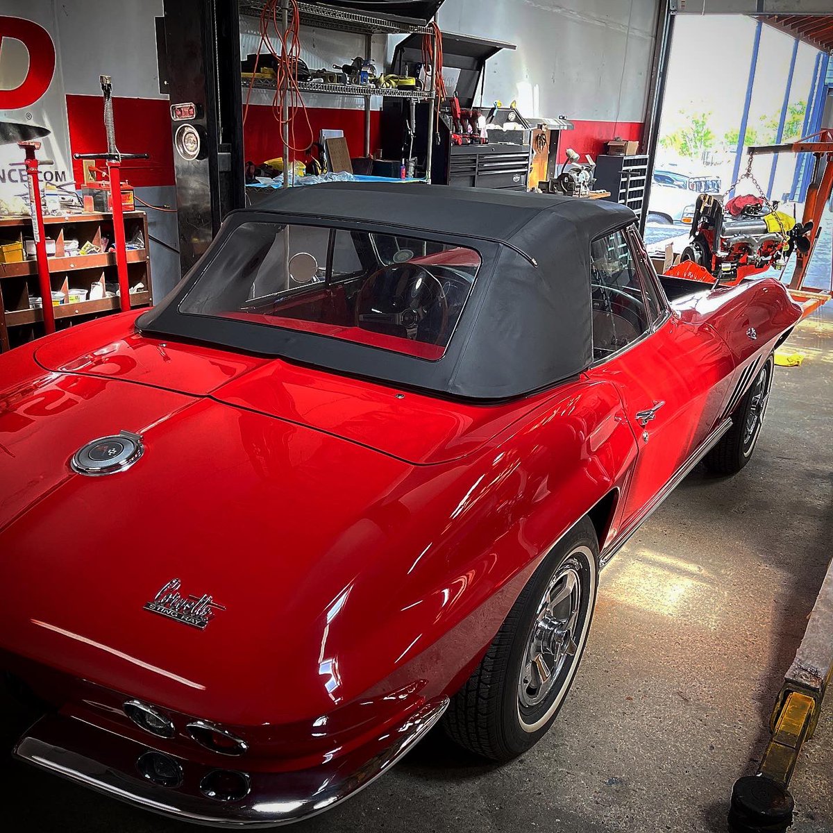 PrescottHotRods's tweet photo. This week we’re helping the owner of this super-clean ‘67 Corvette convertible reinstall its recently-rebuilt engine and transmission.
.
#chevrolet #chevy #1967 #Corvette #convertiblecorvette #convertible #littleredcorvette #babyyouremuchtoofast #classiccorvette #numbersmatching https://t.co/9I44N35B1l