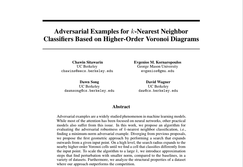 encryptedGMU's tweet photo. New accepted paper at #NeurIPS2021 from our security group! 

In this work we use insights from high-dimensional geometry, i.e., high-order Voronoi diagrams, to propose a new techniques for adversarial examples #NeurIPS https://t.co/DVgTHMHl7J