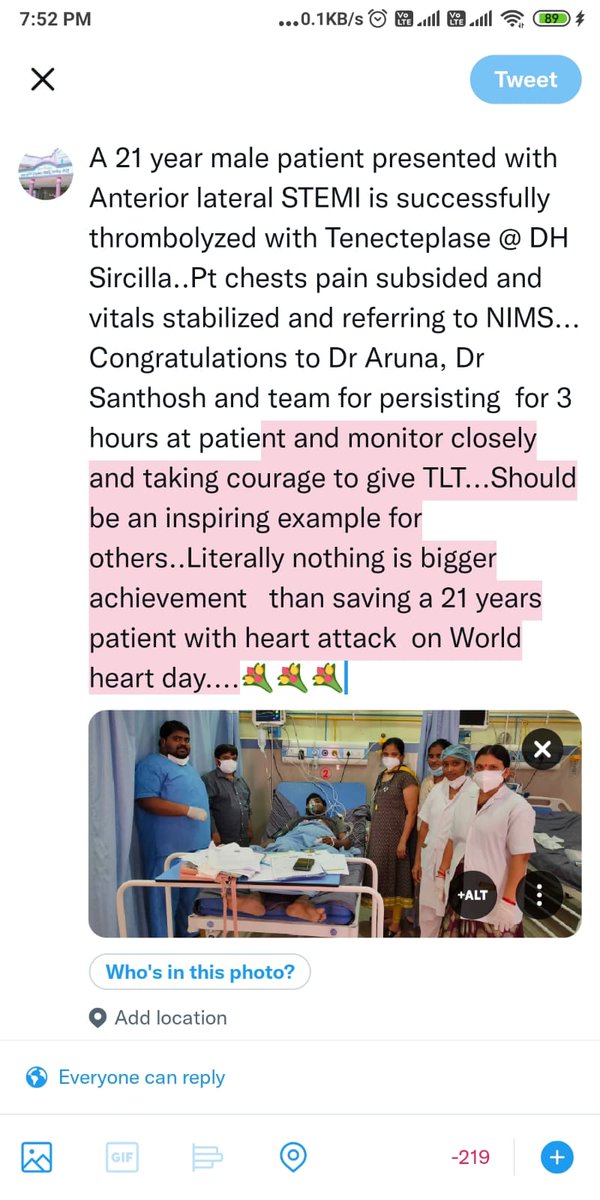 dhsircilla's tweet photo. A 21 year male patient presented with Anterior lateral STEMI is successfully thrombolyzed with Tenecteplase @ DH Sircilla..Pt chests pain subsided and vitals stabilized and referring to NIMS... Congratulations to Dr Aruna, Dr Santhosh and team.@KTRTRS Sir,@Collector_RSL Sir. https://t.co/cS9NGbHoaF