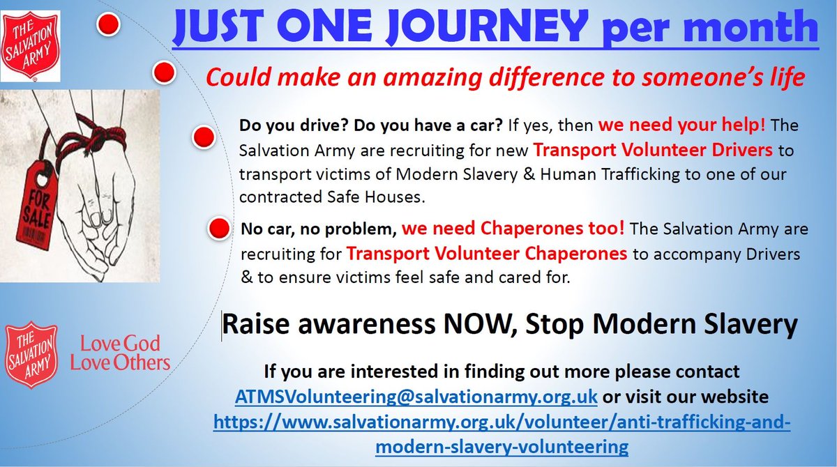 ChurchesEngland's tweet photo. Can you help the @salvationarmyuk support the victims of modern slavery?

They are looking for volunteers to help
- drive or chaperone people to places of safety
- interview victims as a first responder

https://t.co/Fp21LBwDY0

#ChurchesTogether #HumanTrafficking https://t.co/vyd5NtBXh6