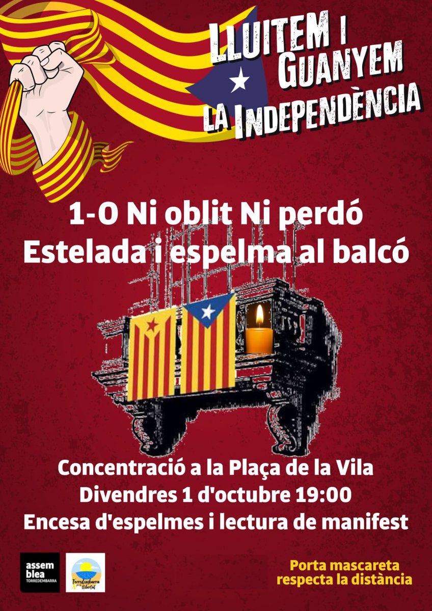 ✊1-O Ni oblit  Ni  perdó!

Porta la teva espelma! Encenem la flama per fer visible que no oblidem la victòria, ni els cops, ni als represaliats i exiliats.

Fes foto del teu balcó i fem córrer la flama per les xarxes, encara hi som!

#LluitemiGuanyem la #Independència!