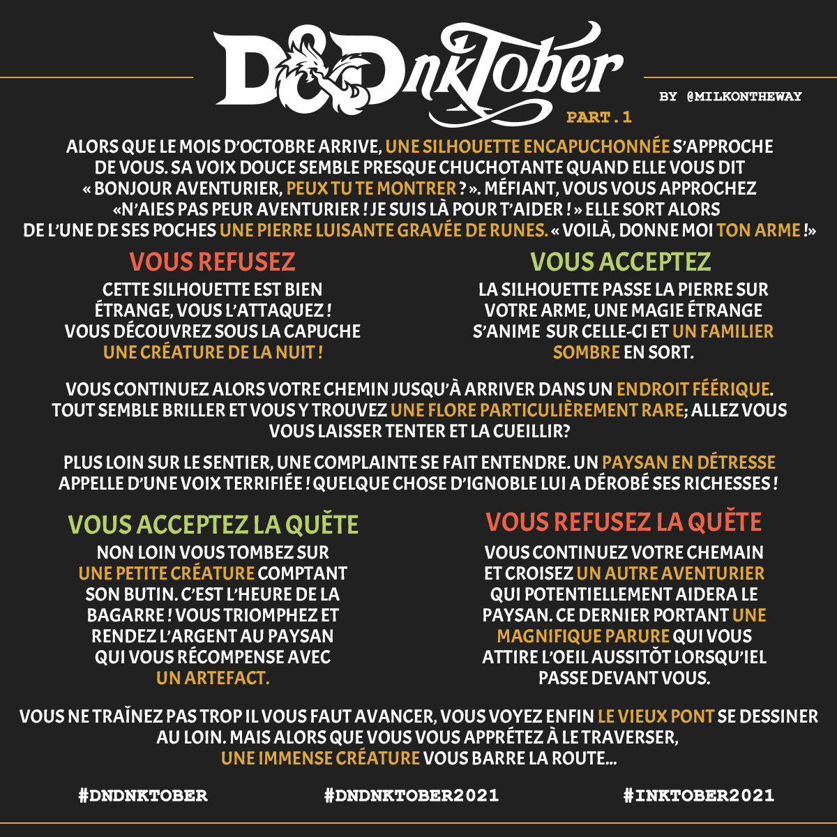 ⚔️First part of my DnDnktober!! I hope you'll enjoy this new version ! It was really fun to imagine it in a more RPG way! ⚔️
Un grand merci à <a href="/FlohGna/">Floh 🐐</a> et @DRADaybreak pour la traduction et les corrections 💜
#DnD #DnDnktober2021 #Inktober 
Please RT and don't forget to tag me ✨