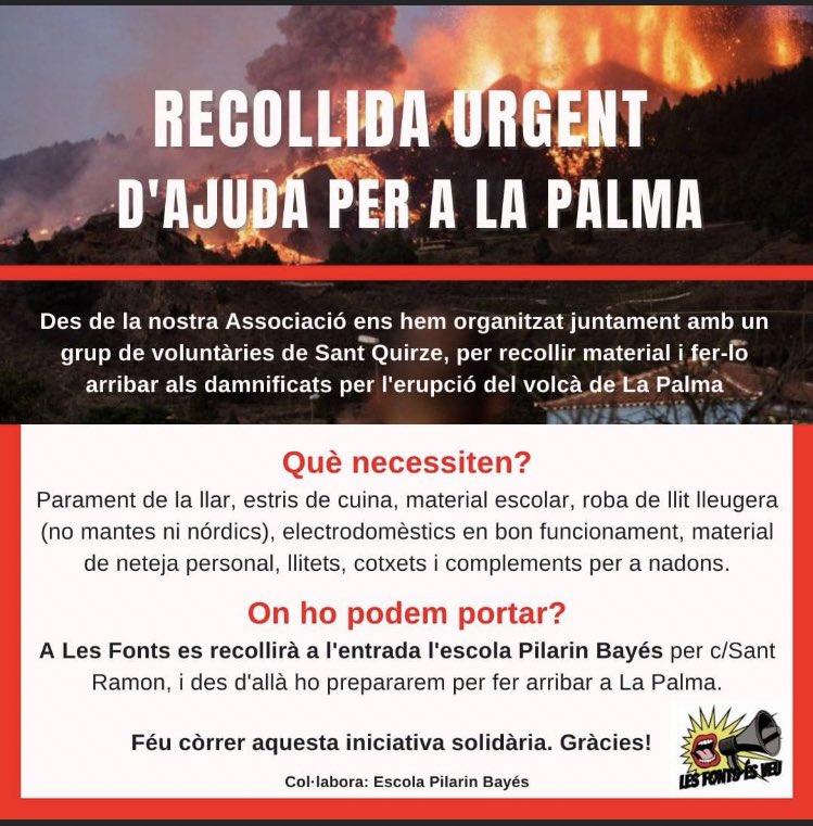 LesVeu's tweet photo. 🔴🔴RECOLLIDA URGENT D'AJUDA PER A LA PALMA
Des de la nostra Associació ens hem organitzat juntament amb un grup de voluntàries de Sant Quirze, per recollir material i fer-lo arribar als damnificats per l'erupció del volcà de La Palma. https://t.co/KjwxBiJwtw