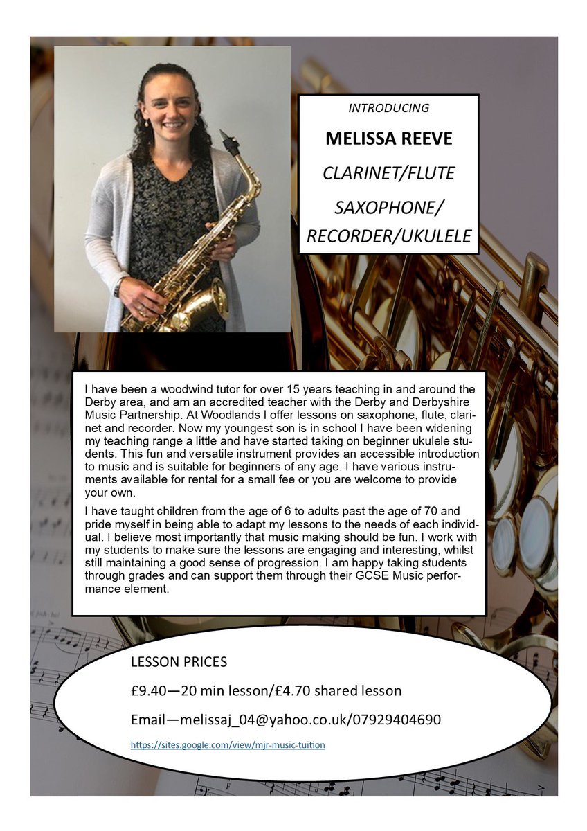 music_aws's tweet photo. Introducing our wonderful Peripatetic staff! Starting with Melissa Reeve who comes into @woodlands_derby every Wednesday to teach woodwind lessons. Please see the attached information for lessons if you are interested. #instrumentallessons https://t.co/TUnTopz64I