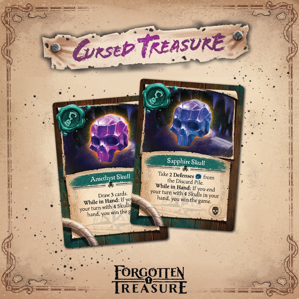 With the Cursed Treasure Expansion, we are introducing an alternate win scenario. 

Throughout the deck, you can find carved skulls; If you hold 4 of these skulls at the end of your turn, you instantly win the game!