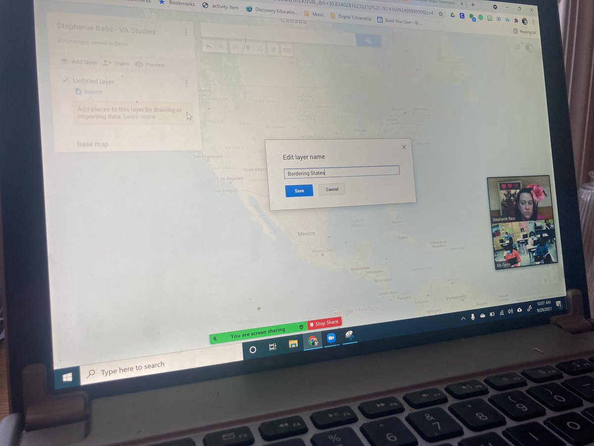 StephMBass's tweet photo. Stuck at home? Technology to the rescue! I love that I was still able to do my co-teaching with 4th grade through Zoom! MyMaps and VA studies. They will continue to add to their maps all year long. Two more classes to go!  @PortsVASchools @Lakeview_ES #TECHVoyage #MakinItWork https://t.co/NkKaiUrICP