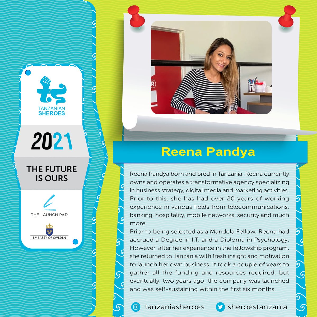 SheroesTanzania's tweet photo. DAY 43 #TanzaniaSheroes 2021

Congratulations @reenadpandya 

Reena Pandya is passionate about creating business solutions. Over the years,  She has gathered inspiration that help build the best business strategies .

#TheFutureIsOurs 

#100TanzaniaSheroes 
#100TanzanianSheroes https://t.co/KroLOYDmHM