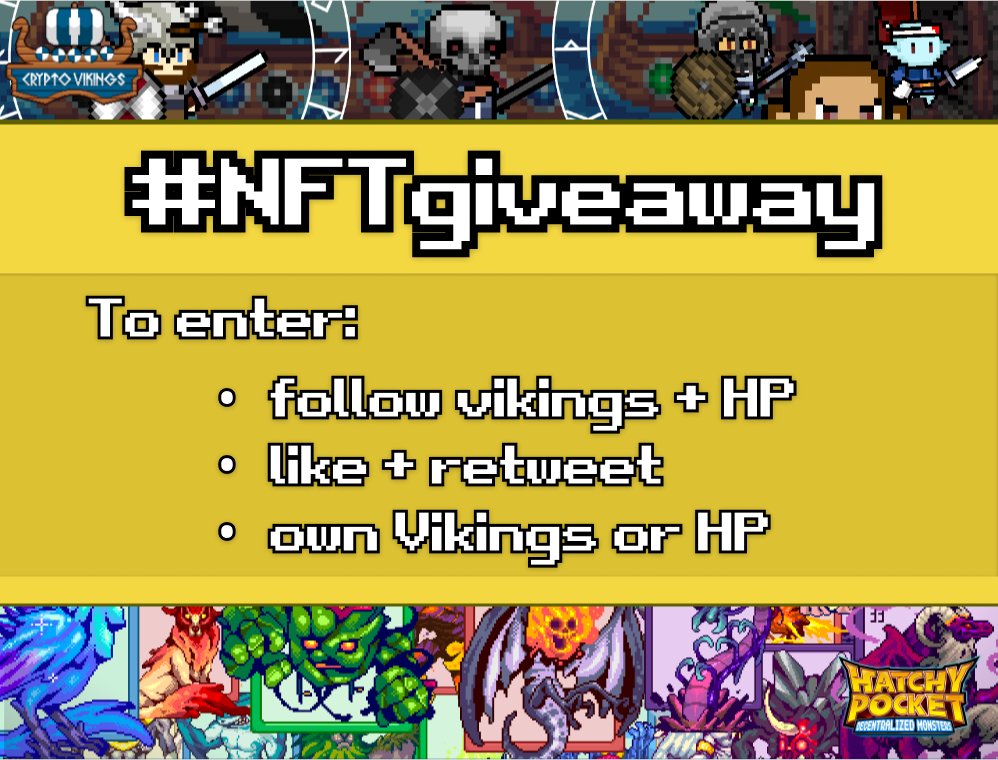 avaxVikings's tweet photo. We are collaborating with @HatchyPocket for an #NFTGiveaway!  We are giving away five hatchies. They are giving away 5 cryptovikings.

To enter:
⚔️Follow both our accounts
⚔️Like + Retweet
⚔️Own one cryptoviking or hatchypocket

Winner will be announced Oct 7th https://t.co/mnSX00dlNj