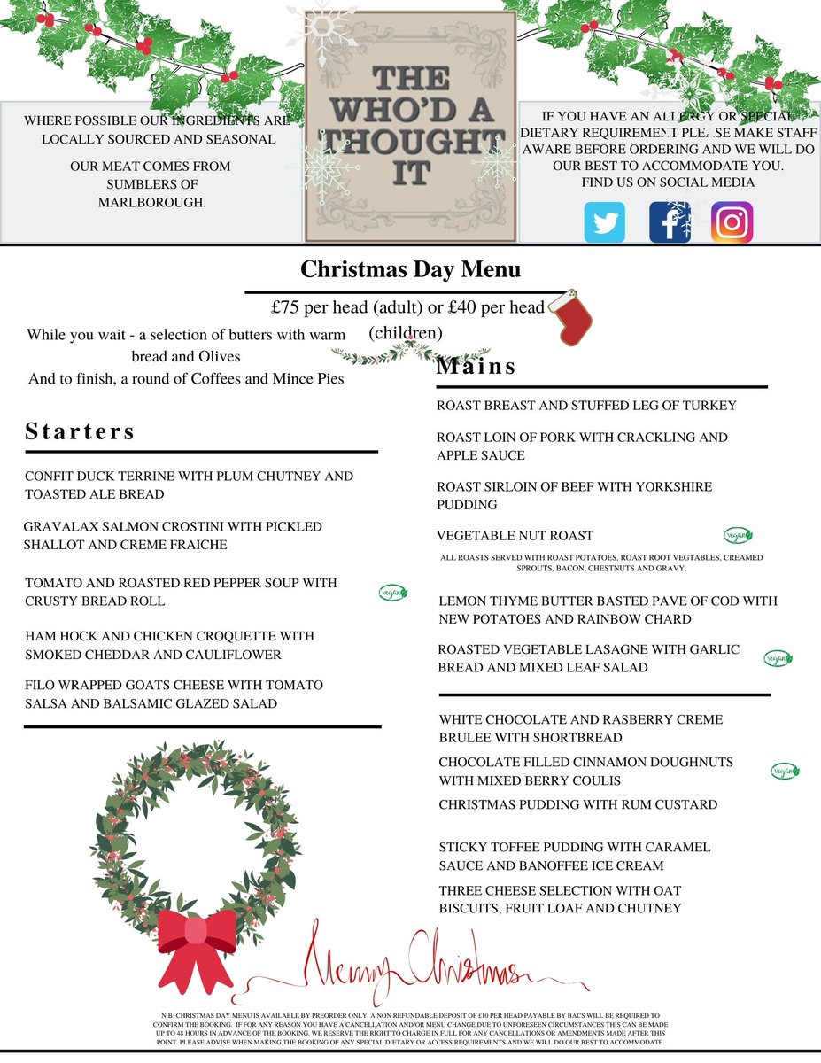 WhodALockeridge's tweet photo. It's nearly that time of year again, folks!

Opening hours Christmas Day - 1000-1600
Give us a ring sooner rather than later to book your Christmas Day meal on 01672861813 or email us at enquiries@thewhodathoughtit.co.uk!

#thewhodathoughtit #christmas  #marlborough #wadworth https://t.co/uKMlTOEIPx