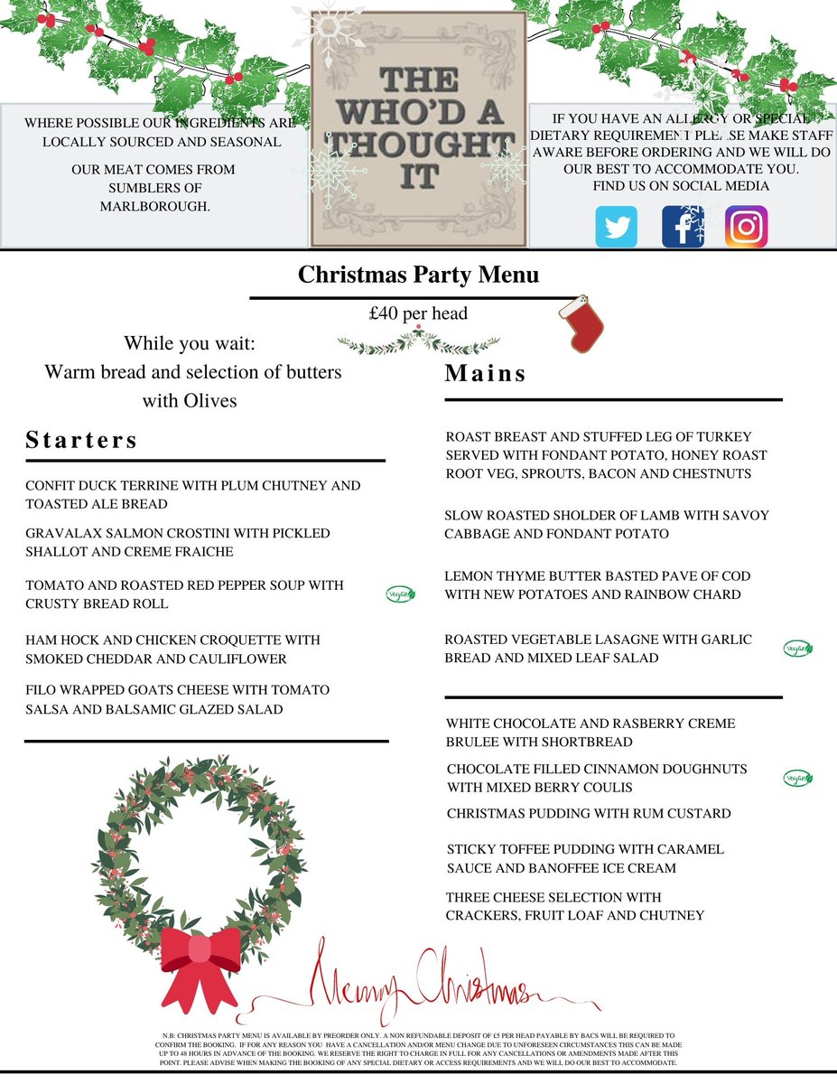 WhodALockeridge's tweet photo. It's nearly that time of year again, folks!

Opening hours Christmas Day - 1000-1600
Give us a ring sooner rather than later to book your Christmas Day meal on 01672861813 or email us at enquiries@thewhodathoughtit.co.uk!

#thewhodathoughtit #christmas  #marlborough #wadworth https://t.co/uKMlTOEIPx