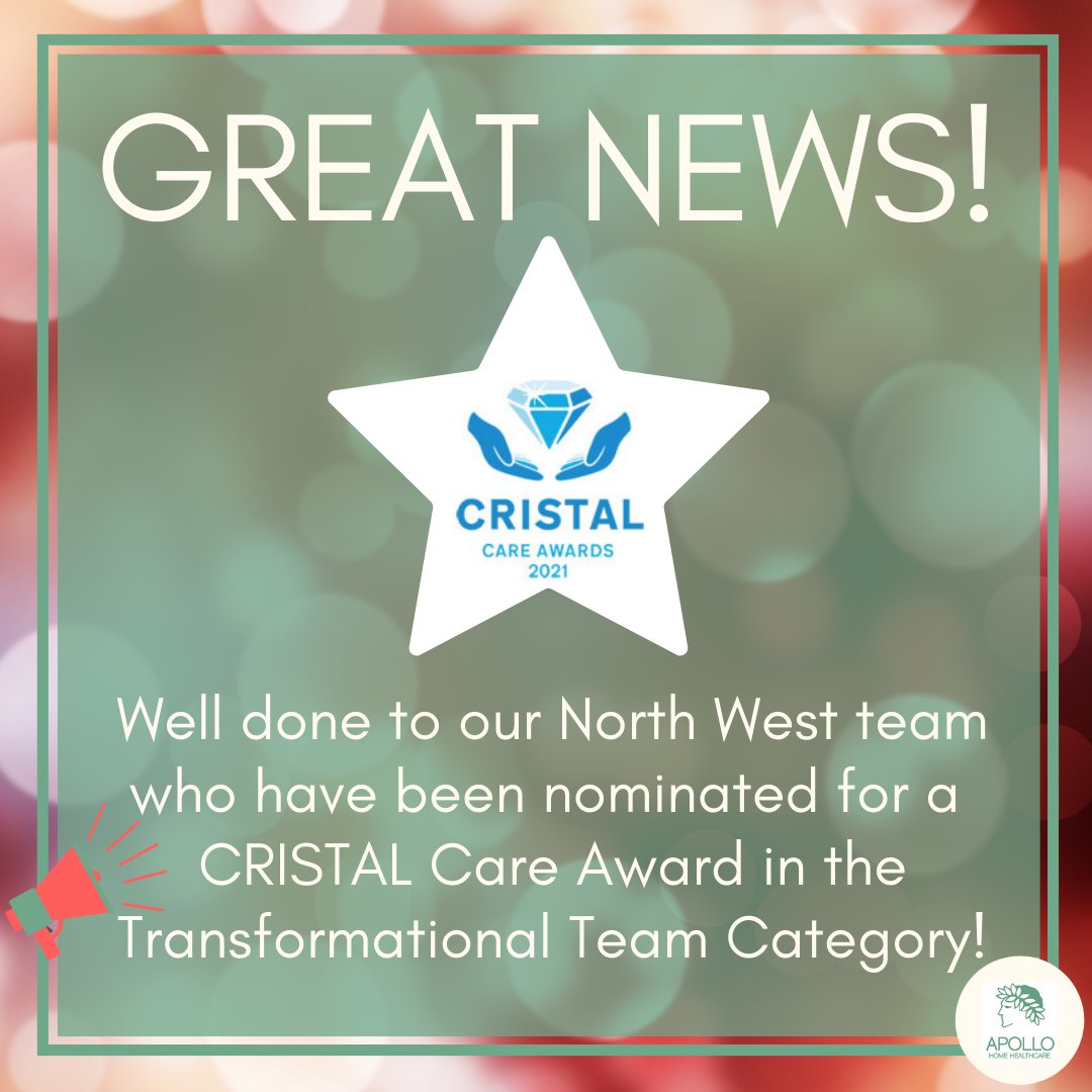 ApolloHHC's tweet photo. We are delighted that our amazing North West team have been nominated by @TGCCG for a CRISTAL Care Award in the Transformational Team Category!😃

Congratulations to our amazing team and good luck!

#teamwork #awards #critstalcareawards #proud #recognition #carejobs #thankyou https://t.co/ftMkV0su5x