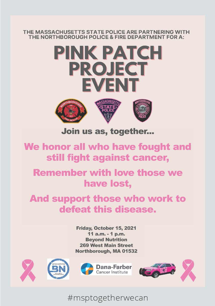 MassStatePolice's tweet photo. For everyone whose lives have been touched by this disease... Please join us.
@PinkPatchPrjct
@NorthboroughPD
@DanaFarber
#msptogetherwecan
#BeatCancer https://t.co/aFGXL0r4Z6