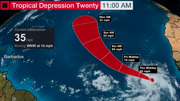 weatherchannel's tweet photo. BREAKING: #Tropical Depression Twenty forms in the eastern Atlantic Ocean. Forecast to become #Victor tonight and a #hurricane by Friday. https://t.co/QUguUUJCbR