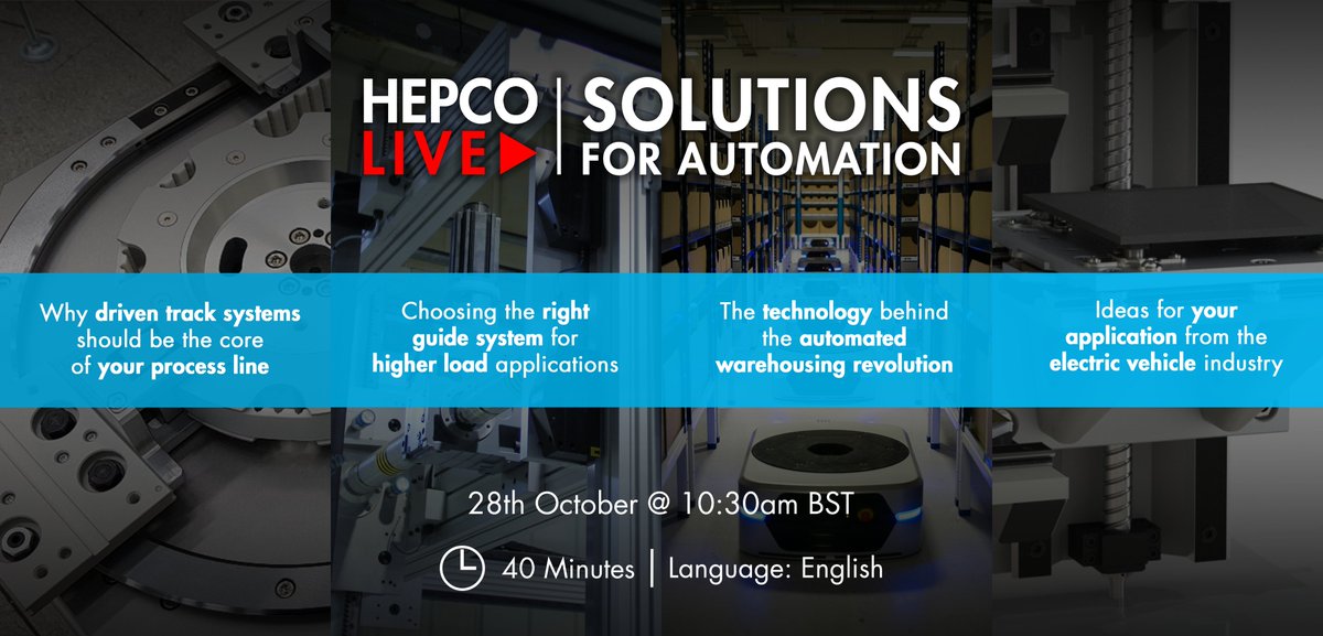 HepcoMotion's tweet photo. Hepco Live is back! Our next webinar, 'Solutions for Automation', will take place on the 28th October at 10:30am BST. Sign up here to claim your space: https://t.co/HpAOITk0tZ

#tracksystems #electricvehicle #automatedwarehouse #logistics #gantry #HepcoLive #HepcoMotion https://t.co/3DPZzgjgjq