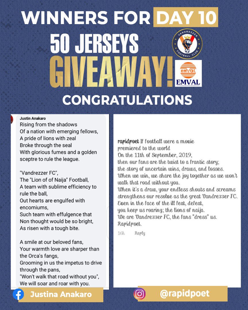 vandrezzerfc_'s tweet photo. While we applaud every single poem dropped on all our platforms in the past 24 hours irrespective of usage of the relevant hashtags, the following FOUR poems have been randomly picked to win the jerseys on offer for yesterdayโs task.
Congratulations to you all ๐ ๐ค
#Emval https://t.co/pHnllXxikQ