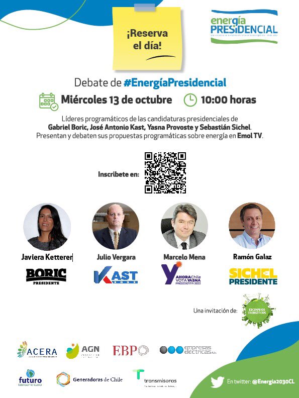 Se viene el debate de #EnergíaPresidencial donde líderes programáticos de las candidaturas presidenciales expondrán contenidos de sus propuestas y contrastarán visiones en un debate constructivo ¿Cuál es la energia de tu candidat@?