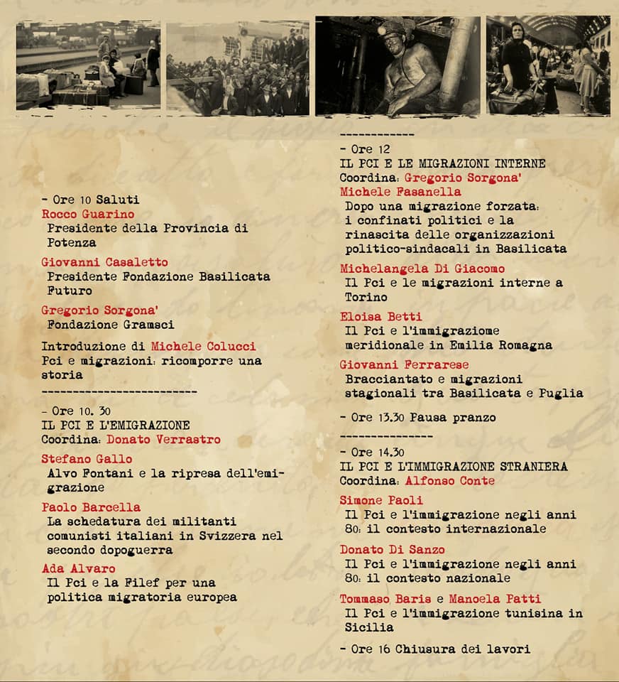 BasilicataFutur's tweet photo. Il #PCI e le migrazioni nell'Italia contemporanea. Un importante appuntamento di studio e ricerca, promosso da Fondazione Basilicata Futuro, Istituto Gramsci e Fondazione Carical in occasione del #centenarioPCI 
Potenza, 8 ottobre, sala consiliare Provincia, ore 10.00 https://t.co/4jWg921pSW