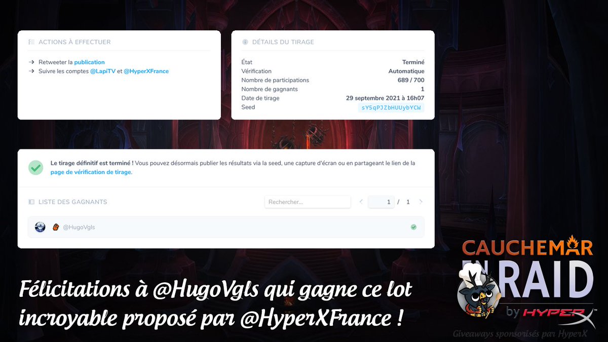 LapiTV's tweet photo. Le tirage au sort a été effectué !
GG à @HugoVgls qui remporte les 4 super cadeaux mis en jeu par @HyperXFrance ! #MerciHyperX https://t.co/eTDL7I2Wzj