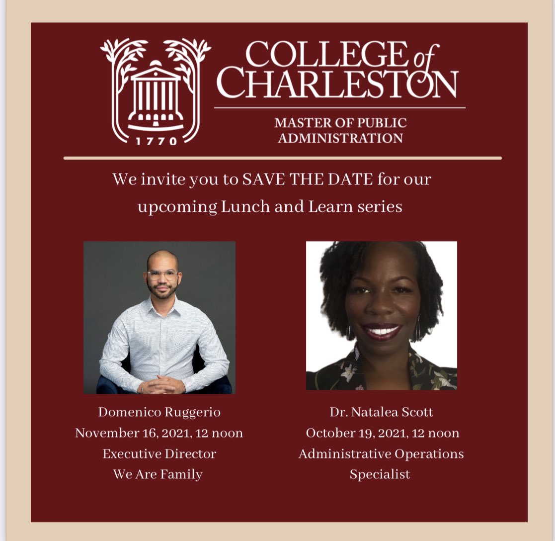 CofCMPA's tweet photo. Here are our upcoming Lunch and Learn speakers. Stay tuned! https://t.co/e522DCBs4g