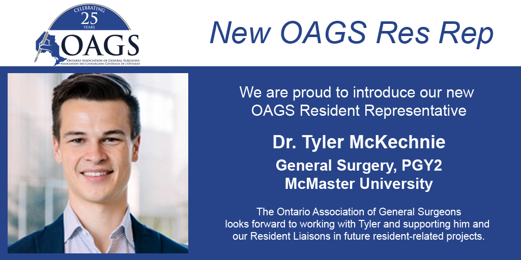OAGS1's tweet photo. Introducing our new OAGS Resident Representative: @tylermckechnie. Looking forward to working with you and our 6 Resident Liaisons.  Also, a BIG thank you to our Immediate Past ResRep @fdossa and wishing you continued success in the future! 👏👏 @ResidentDoctors @McMasterSurgery https://t.co/rkhzBCdTle