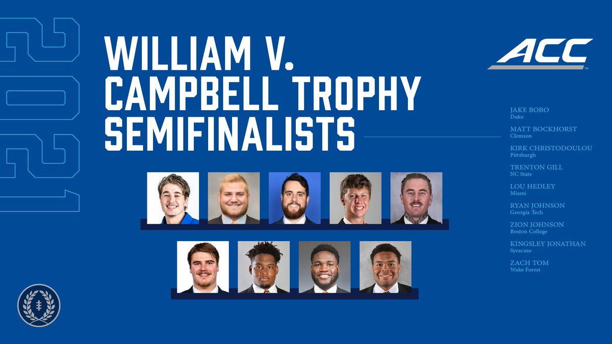 Congrats to the 2021 #CampbellTrophy Semifinalists from <a href="/ACCFootball/">ACC Football</a>! #ACCFootball

These nine outstanding men are among 176 semifinalists for college football's premier scholar-athlete award

🔗footballfoundation.org/news/2021/9/29…
