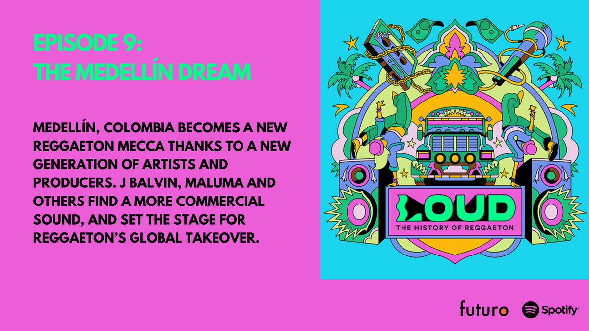 futurostudios's tweet image. Episode 9 of #LOUDPodcast is out! Produced by @Spotify &amp;amp; @futurostudios! 

#Medellín becomes a new reggaeton mecca thanks to a new generation of artists and producers. #JBalvin, #Maluma and others find a more commercial sound, and set the stage for reggaeton’s global takeover.