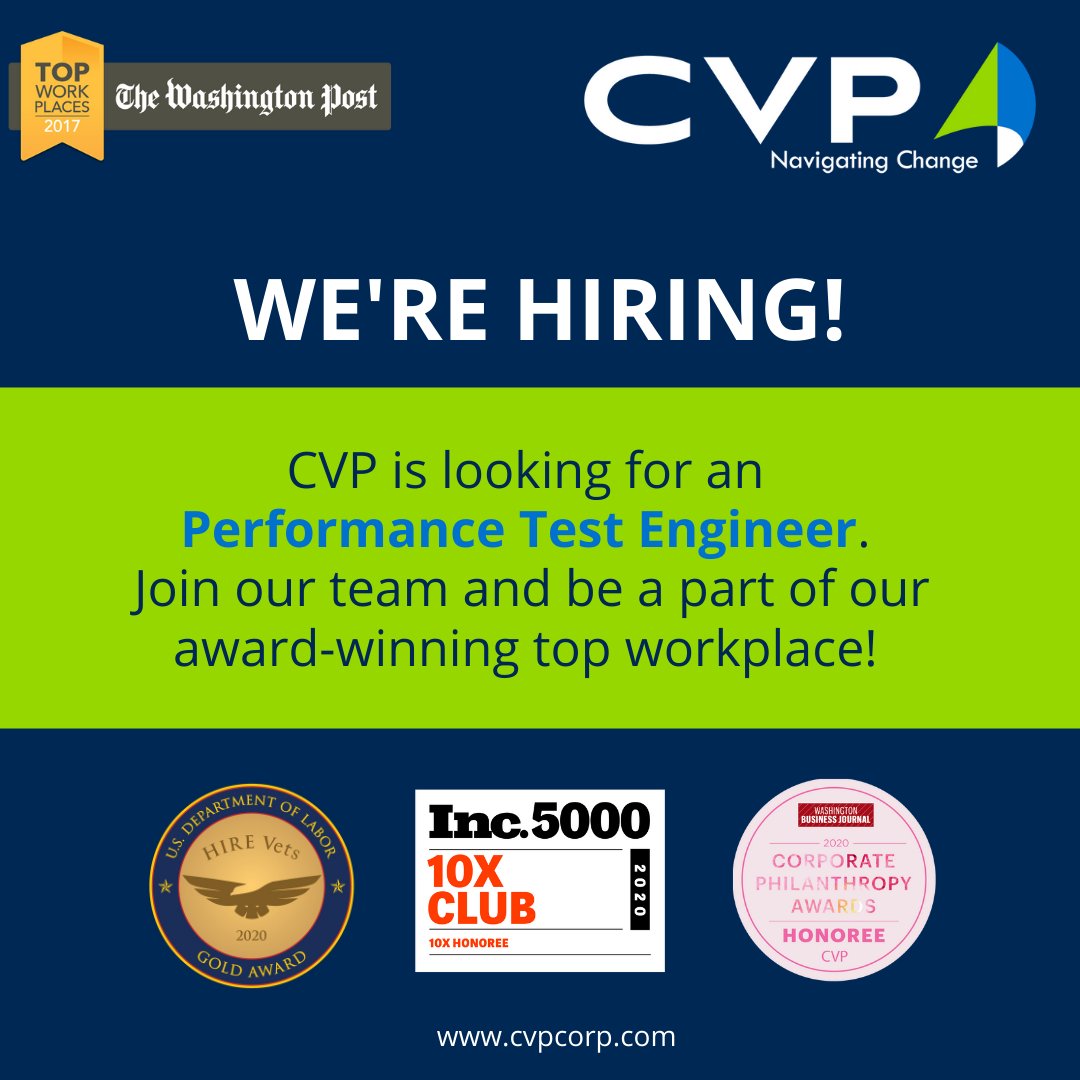 CVPCORP's tweet photo. We’re hiring!
CVP is looking for a Performance Test Engineer. Join our team and be a part of our award-winning top workplace! Learn more: https://t.co/rt0jKyjLJ4 #careers #CVPcorp #PerformanceTestEngineer https://t.co/6EFAJE4pIL