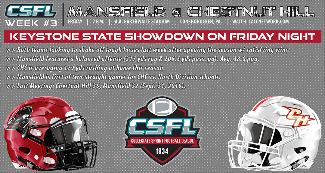 . #CSFL Week #3 Storylines
<a href="/MansfieldFB/">Mansfield Football</a> at @ChcSprint 

Friday | 7 p.m. | caccnetwork.com

<a href="/MUMounties/">Mansfield Mountaineers</a> <a href="/CHCAthletics/">Chestnut Hill College Athletics</a> <a href="/NFFNetwork/">National Football Foundation</a> <a href="/Future4Football/">Future For Football</a>