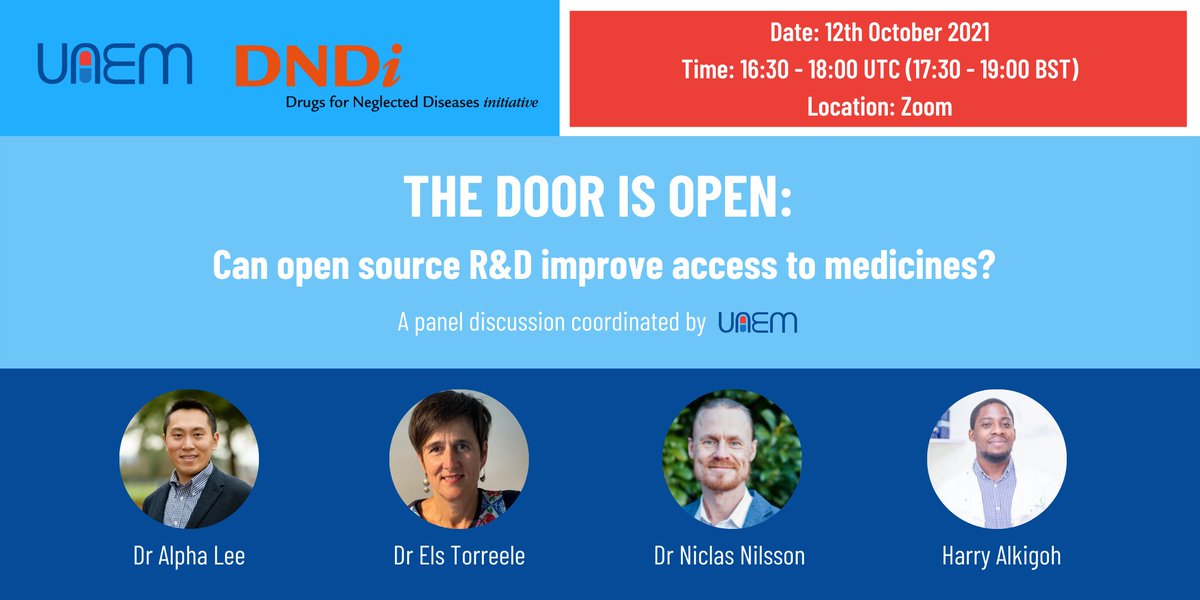 Drugs for Neglected Diseases initiative (@dndi) on Twitter photo Don't miss this interesting event on the potential of open source R&D in tackling the #access2meds crisis.
Featuring <a href="/iamalphalee/">Alpha Lee</a>, <a href="/ElsTorreele/">Els Torreele</a>, <a href="/endnilsson/">Niclas Nilsson</a>, and <a href="/harryakligoh/">Harry Akligoh</a>.
📅 12 October | More info & register 👉 bit.ly/3zFWe3z Don't miss this interesting event on the potential of open source R&D in tackling the #access2meds crisis.
Featuring <a href="/iamalphalee/">Alpha Lee</a>, <a href="/ElsTorreele/">Els Torreele</a>, <a href="/endnilsson/">Niclas Nilsson</a>, and <a href="/harryakligoh/">Harry Akligoh</a>.
📅 12 October | More info & register 👉 bit.ly/3zFWe3z
