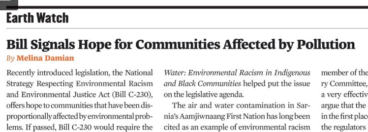 My latest article for @OntarioNature’s magazine is about the National Strategy Respecting Environmental Racism & Environmental Justice Act.

If passed, #BillC230 could finally bring justice to communities impacted by #EnvironmentalRacism.

Read more⤵️
view.publitas.com/on-nature/fall…