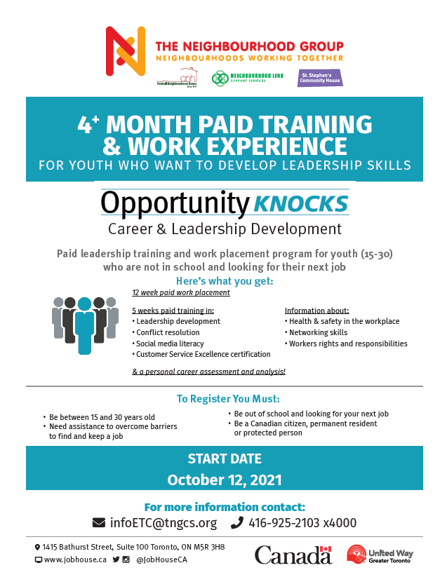 Our Opportunity Knocks program is currently recruiting for their next virtual session! This program offers 5 weeks of paid training and 12 weeks of paid work experience! New group starts October 12th! To register email infoETC@tngcs.org or call 416-925-2103 x.4000 #youthprogram