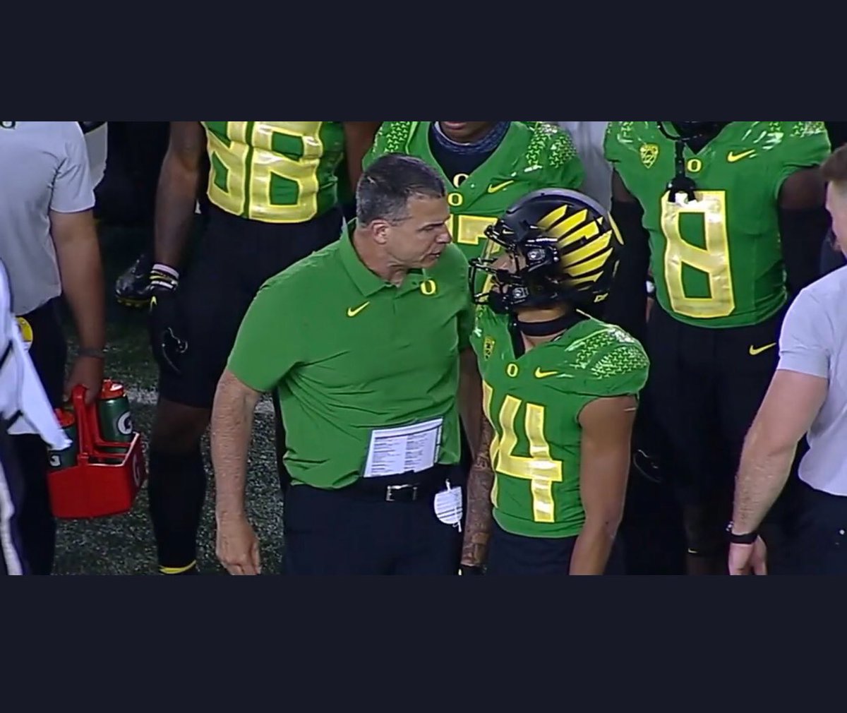 The unfortunate part of coaching is you spend countless hours with players and it’s always the 2 minute Gameday conversation that gets scrutinized. I commend this young man for his eye contact and discipline in the situation. Thank you for your passion Coach Cristobal. Go Ducks