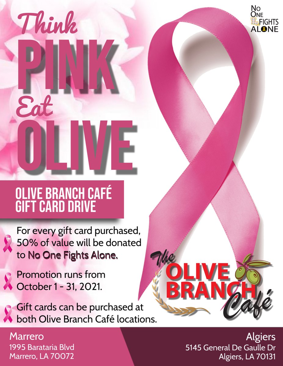 NOFANOLA's tweet photo. @The Olive Branch Cafe will be supporting @No One Fights Alone during the month of October with a gift card fundraiser. NOFANOLA gets 50% of all gift cards sold at both locations. Here's a great opportunity to stock up on gifts cards for gifts or future meals! #ThinkPinkEatOlive https://t.co/rTV0ZF7P7i