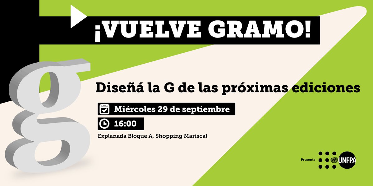 ¡Vuelve Gramo! 📣 Podés ser parte de una forma especial.

Ayudá a crear la G que representará las temáticas de las próximas ediciones.

📆Miércoles 29 de septiembre
🕐16:00 a 19:00
📍Shopping Mariscal. Explanada Bloque A

Inscribite en: bit.ly/VuelveGramo