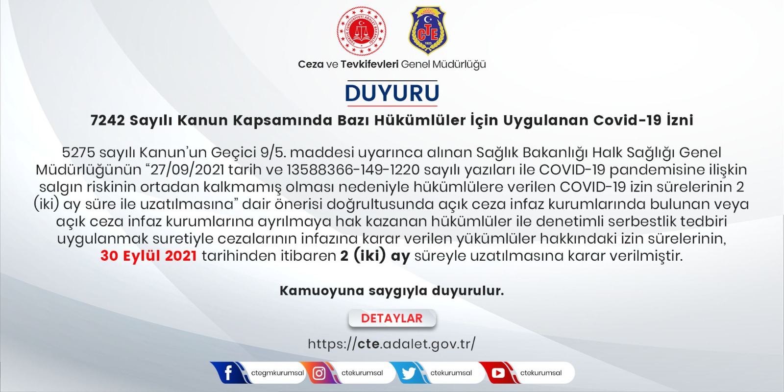 Ceza Ve Tevkifevleri Genel Mudurlugu On Twitter 7242 Sayili Kanun Kapsaminda Bazi Hukumluler Icin Uygulanan Covid 19 Izni Ile Ilgili Duyuru Https T Co Lbfzwb1sdq Https T Co Gufayhvpyp Twitter